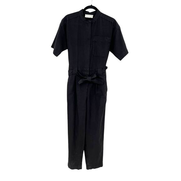 Everlane The Fatigue Jumpsuit Short Sleeve Crop Belted Cotton Linen Black Size 0 - Picture 2 of 11